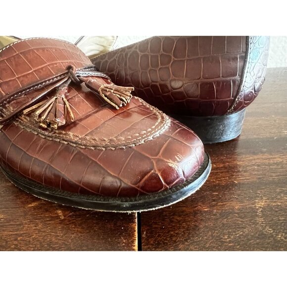 Talbots Womens Loafers Shoes Sz 7M Brown Tassel Leather Croc Embossed Italy - Picture 5 of 14